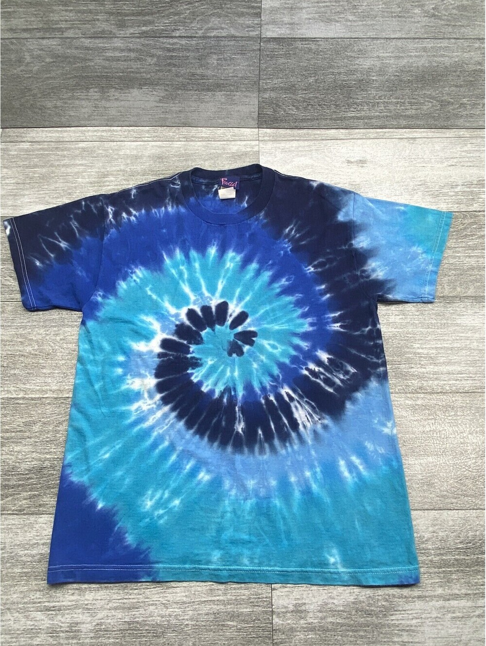 Freeze! Tie-Dye T-shirt Blue Swirl White Contrasting Stitch Hippy Boho Retro